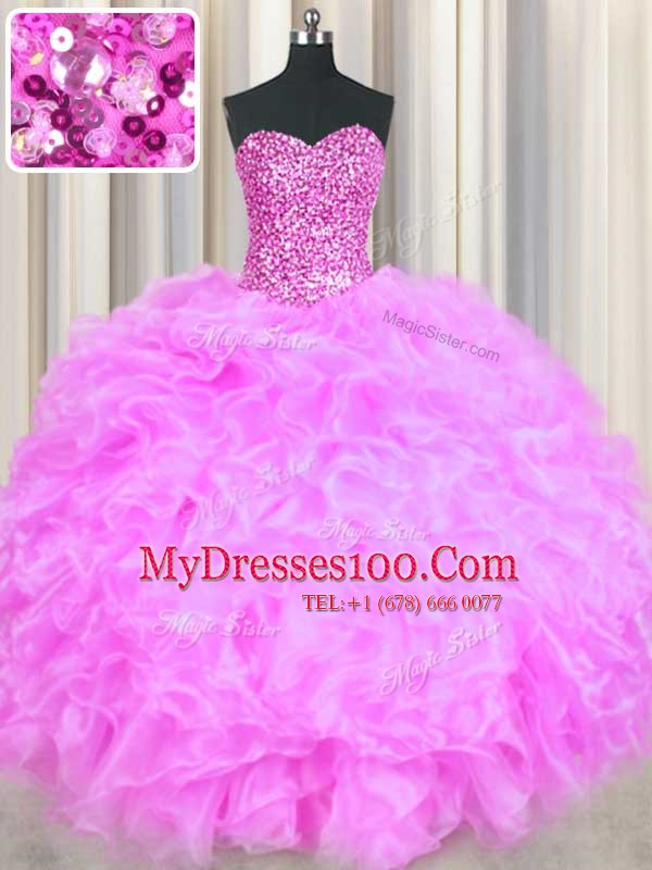 Sweetheart Sleeveless Quince Ball Gowns Floor Length Beading and Ruffles Lilac Organza