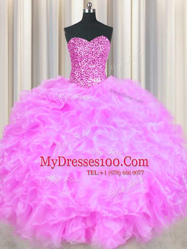 Sweetheart Sleeveless Quince Ball Gowns Floor Length Beading and Ruffles Lilac Organza