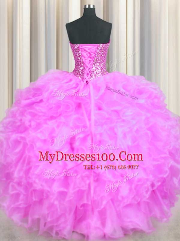 Sweetheart Sleeveless Quince Ball Gowns Floor Length Beading and Ruffles Lilac Organza