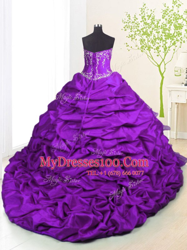 Exceptional Pick Ups Ruffled With Train Purple Vestidos de Quinceanera Strapless Sleeveless Brush Train Lace Up