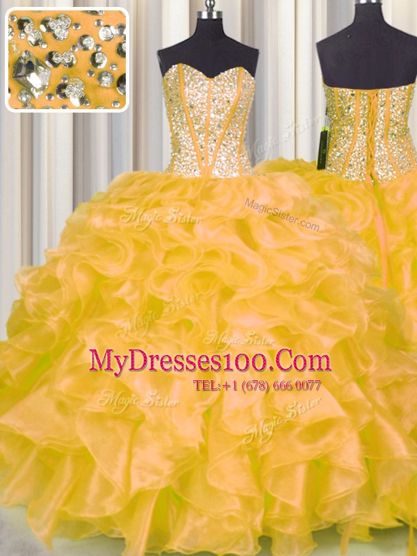 Gold Sweetheart Lace Up Beading and Ruffles Quinceanera Gown Sleeveless