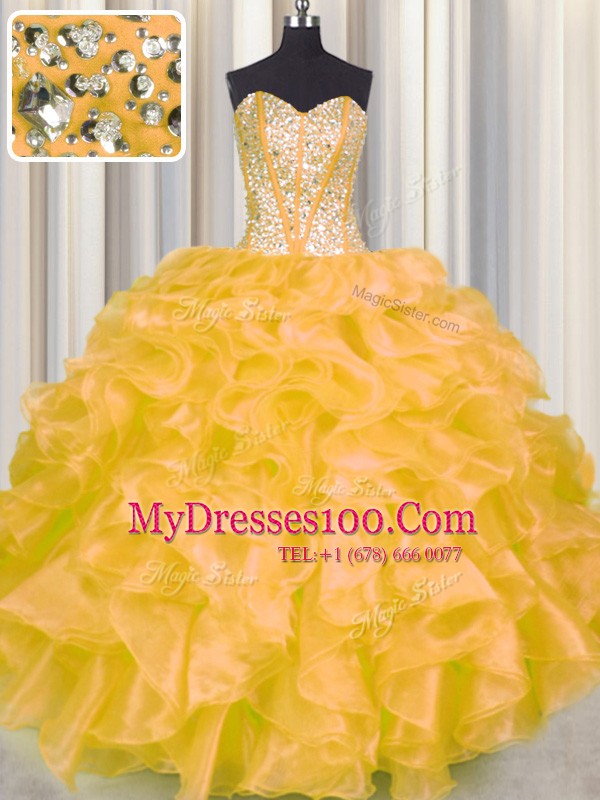 Gold Sweetheart Lace Up Beading and Ruffles Quinceanera Gown Sleeveless