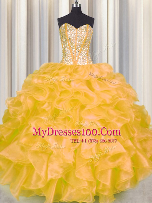 Gold Sweetheart Lace Up Beading and Ruffles Quinceanera Gown Sleeveless