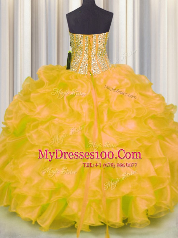 Gold Sweetheart Lace Up Beading and Ruffles Quinceanera Gown Sleeveless