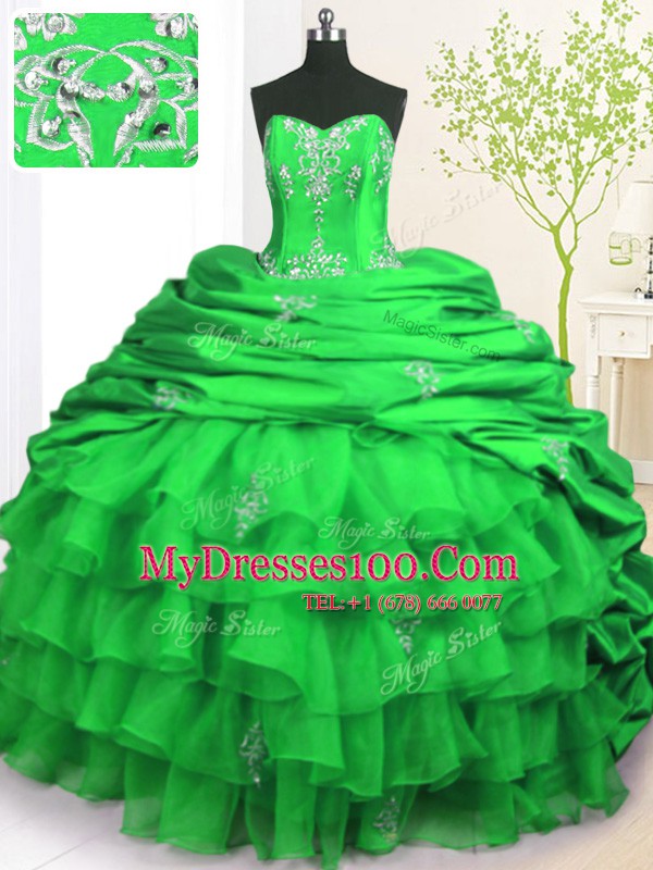 Modern Green Strapless Neckline Beading and Appliques and Ruffled Layers and Pick Ups 15 Quinceanera Dress Sleeveless Lace Up