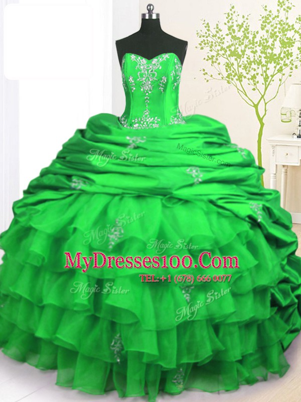 Modern Green Strapless Neckline Beading and Appliques and Ruffled Layers and Pick Ups 15 Quinceanera Dress Sleeveless Lace Up