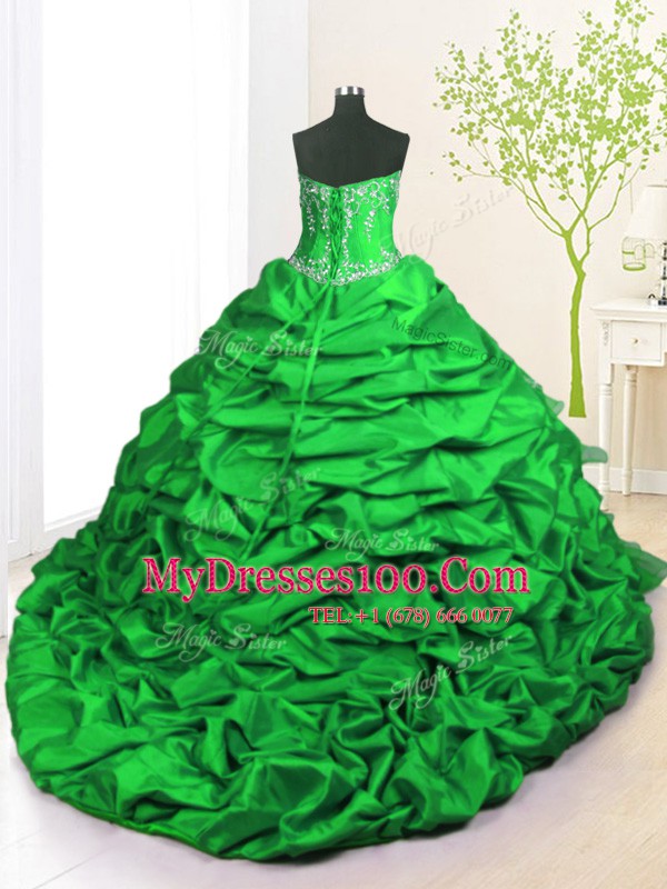 Modern Green Strapless Neckline Beading and Appliques and Ruffled Layers and Pick Ups 15 Quinceanera Dress Sleeveless Lace Up
