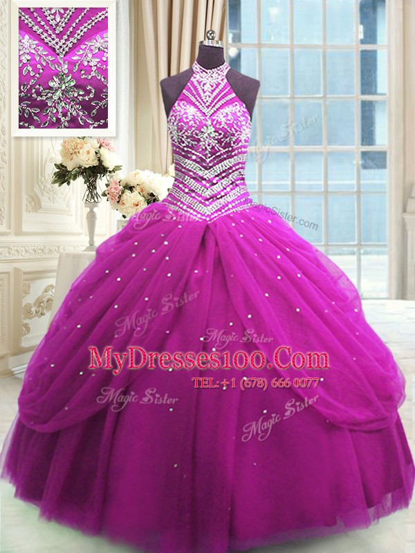 Fuchsia Quinceanera Gowns Military Ball and Sweet 16 and Quinceanera and For with Beading High-neck Sleeveless Lace Up
