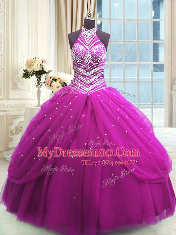 Fuchsia Quinceanera Gowns Military Ball and Sweet 16 and Quinceanera and For with Beading High-neck Sleeveless Lace Up