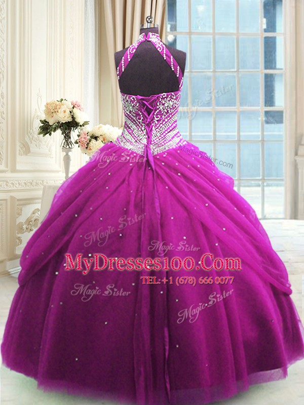 Fuchsia Quinceanera Gowns Military Ball and Sweet 16 and Quinceanera and For with Beading High-neck Sleeveless Lace Up