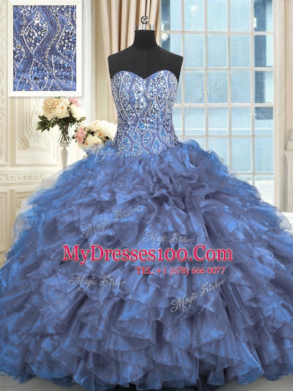 Sleeveless Organza Brush Train Lace Up 15th Birthday Dress in Blue with Beading and Ruffles