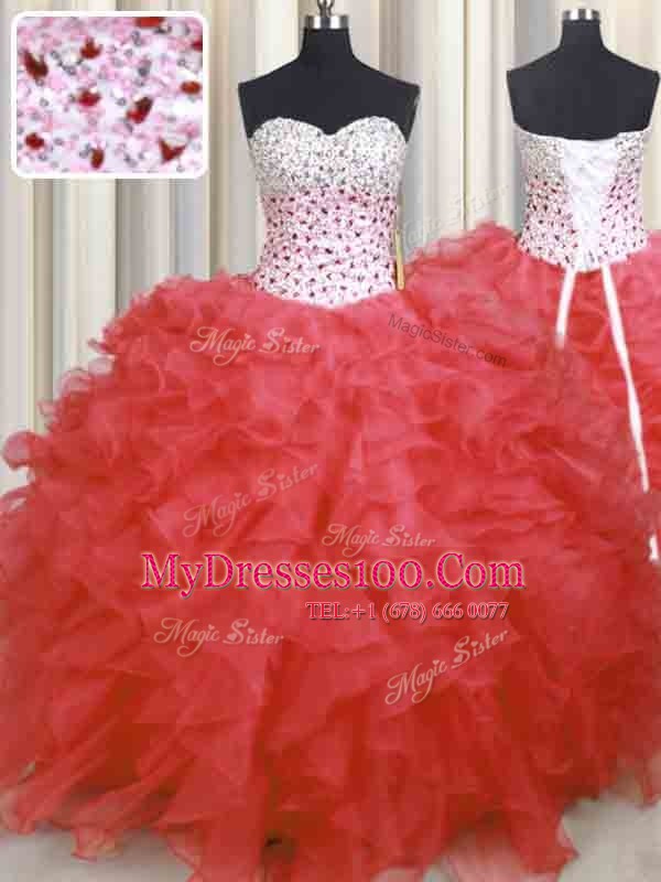 Watermelon Red Sweetheart Lace Up Beading and Ruffles Vestidos de Quinceanera Sleeveless