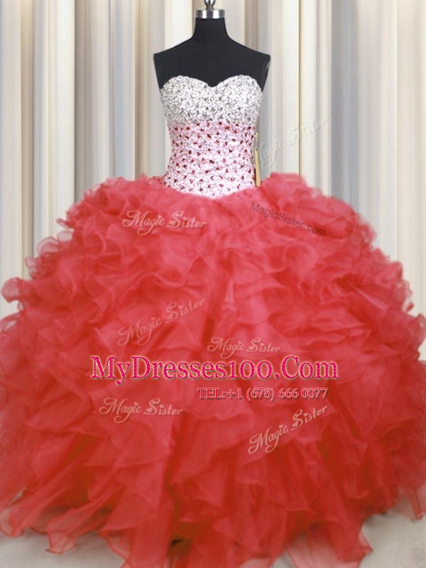 Watermelon Red Sweetheart Lace Up Beading and Ruffles Vestidos de Quinceanera Sleeveless