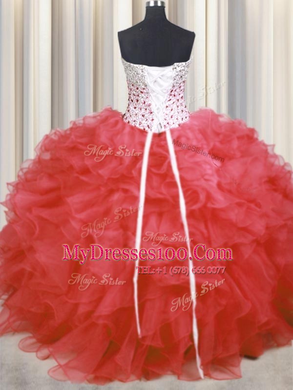 Watermelon Red Sweetheart Lace Up Beading and Ruffles Vestidos de Quinceanera Sleeveless