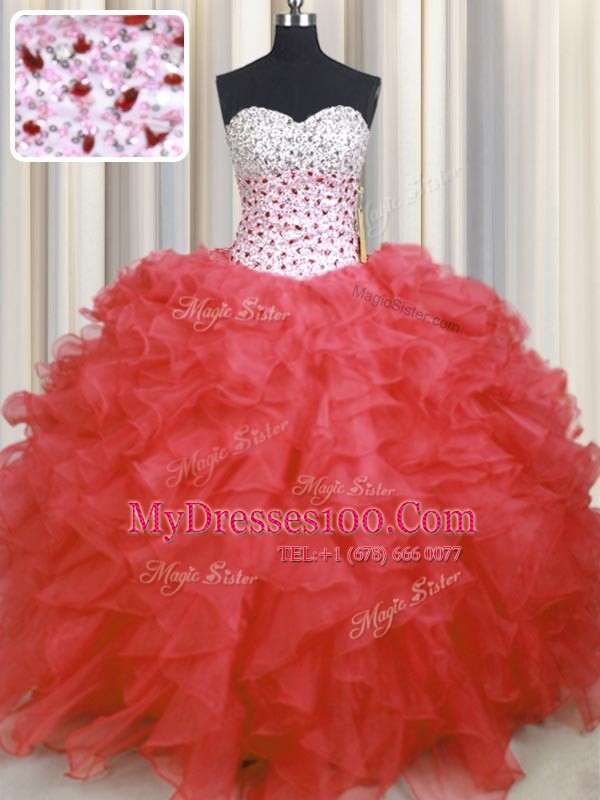 Watermelon Red Sweetheart Lace Up Beading and Ruffles Vestidos de Quinceanera Sleeveless