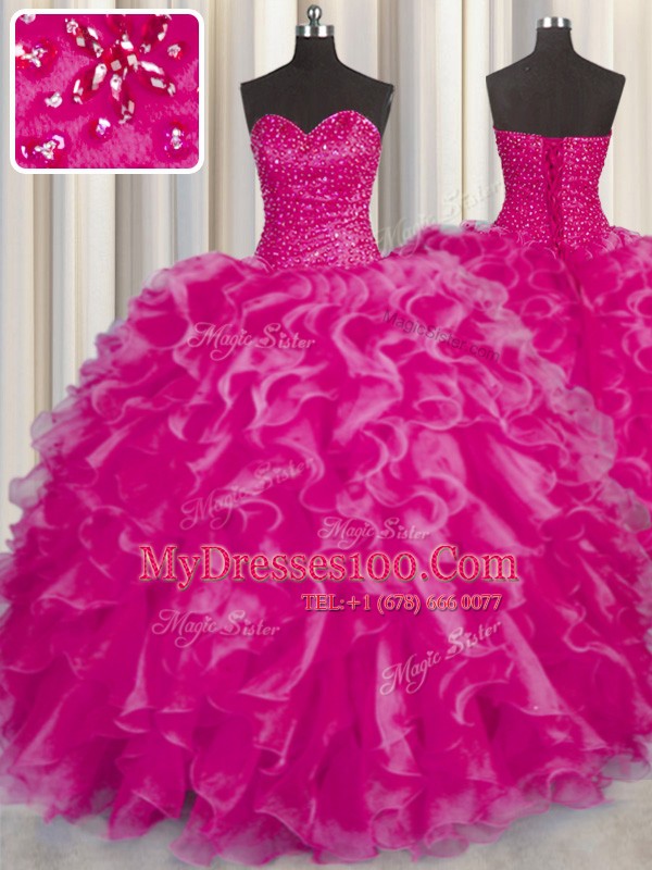 Captivating Hot Pink Sleeveless Beading and Ruffles Floor Length Sweet 16 Dresses