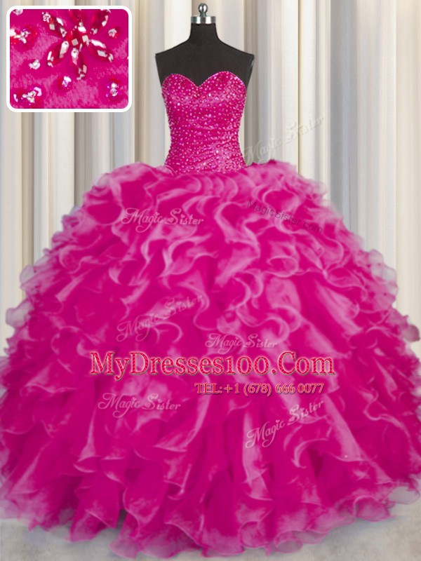 Captivating Hot Pink Sleeveless Beading and Ruffles Floor Length Sweet 16 Dresses