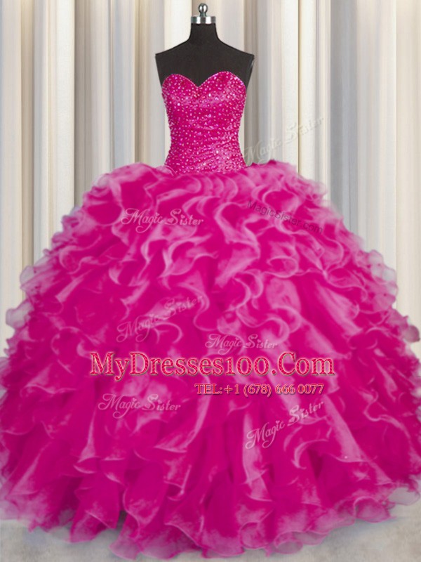 Captivating Hot Pink Sleeveless Beading and Ruffles Floor Length Sweet 16 Dresses