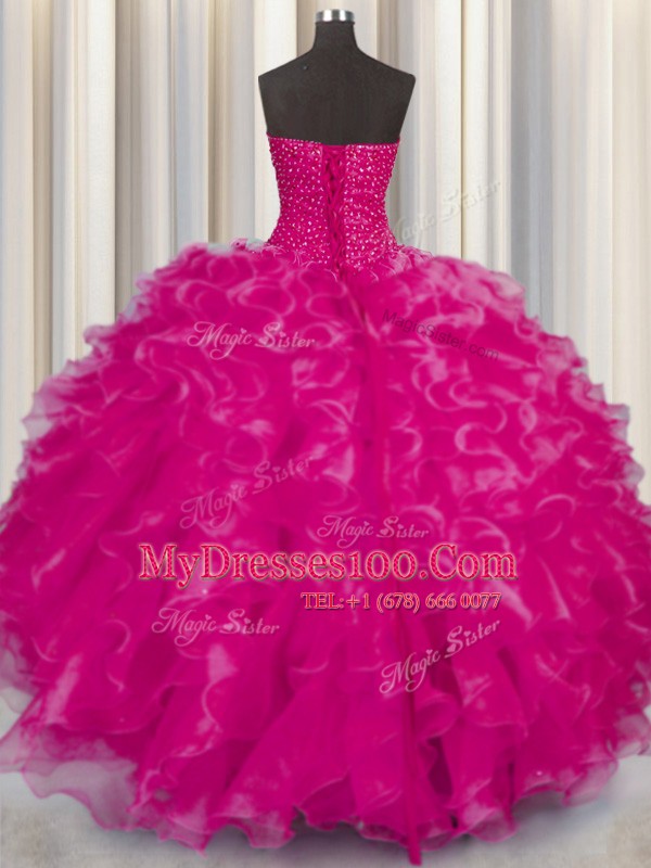 Captivating Hot Pink Sleeveless Beading and Ruffles Floor Length Sweet 16 Dresses
