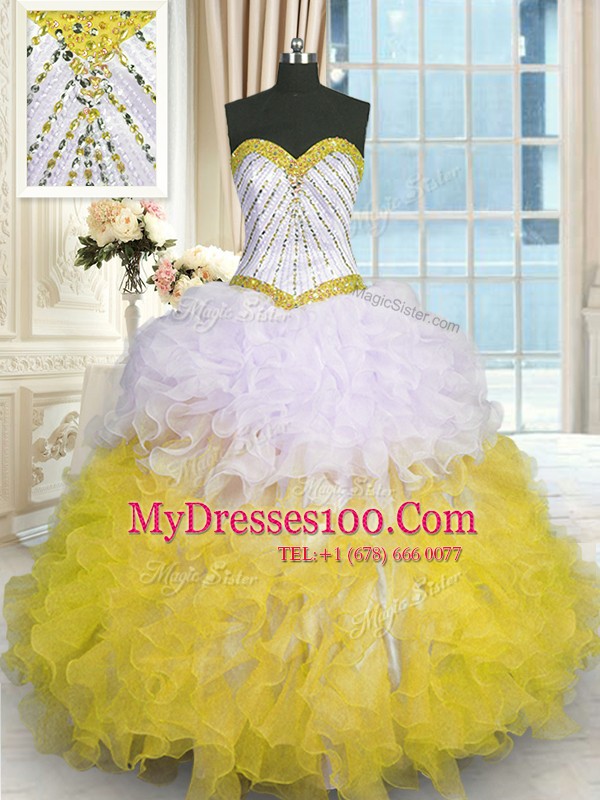 Stylish Floor Length Lace Up 15 Quinceanera Dress Yellow And White for Military Ball and Sweet 16 and Quinceanera with Beading and Ruffles