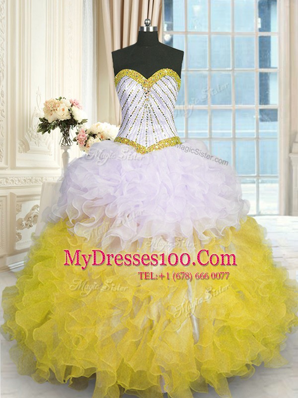 Stylish Floor Length Lace Up 15 Quinceanera Dress Yellow And White for Military Ball and Sweet 16 and Quinceanera with Beading and Ruffles