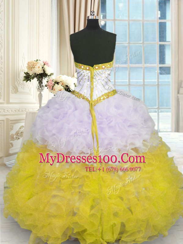 Stylish Floor Length Lace Up 15 Quinceanera Dress Yellow And White for Military Ball and Sweet 16 and Quinceanera with Beading and Ruffles