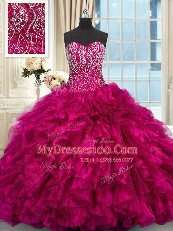 Dynamic Fuchsia Ball Gowns Sweetheart Sleeveless Organza Brush Train Lace Up Beading and Ruffles 15th Birthday Dress