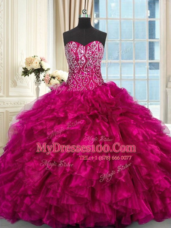 Dynamic Fuchsia Ball Gowns Sweetheart Sleeveless Organza Brush Train Lace Up Beading and Ruffles 15th Birthday Dress