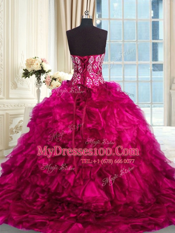 Dynamic Fuchsia Ball Gowns Sweetheart Sleeveless Organza Brush Train Lace Up Beading and Ruffles 15th Birthday Dress