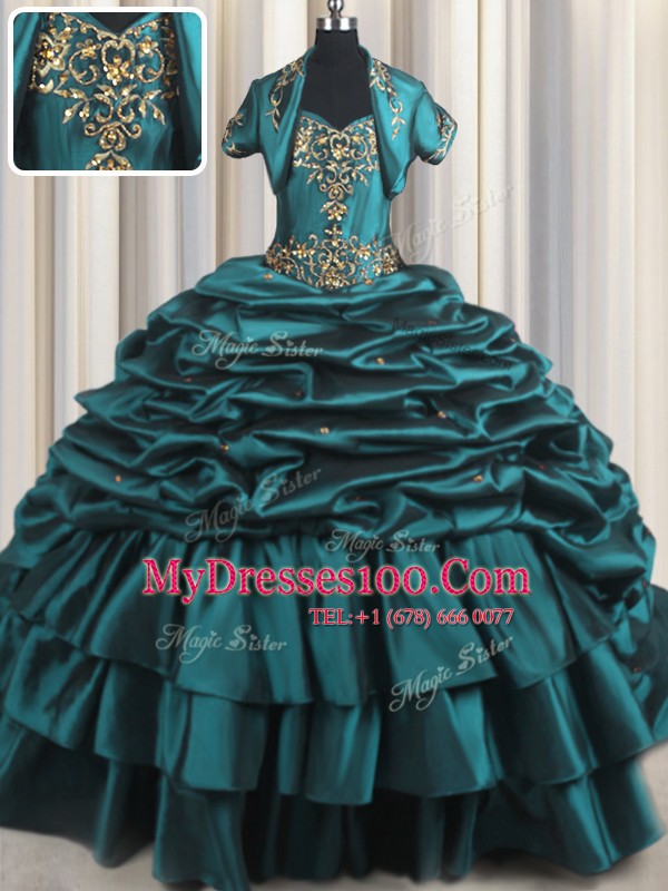 Lovely Sleeveless Taffeta With Brush Train Lace Up Sweet 16 Dresses in Teal with Beading and Appliques and Pick Ups