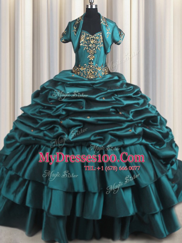 Lovely Sleeveless Taffeta With Brush Train Lace Up Sweet 16 Dresses in Teal with Beading and Appliques and Pick Ups