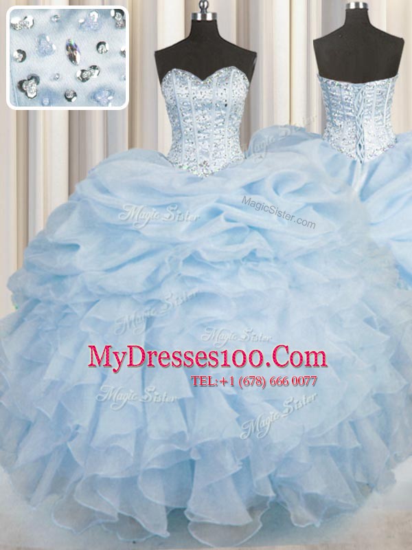 Cute Light Blue Organza Lace Up Sweetheart Sleeveless Floor Length 15th Birthday Dress Beading and Ruffles