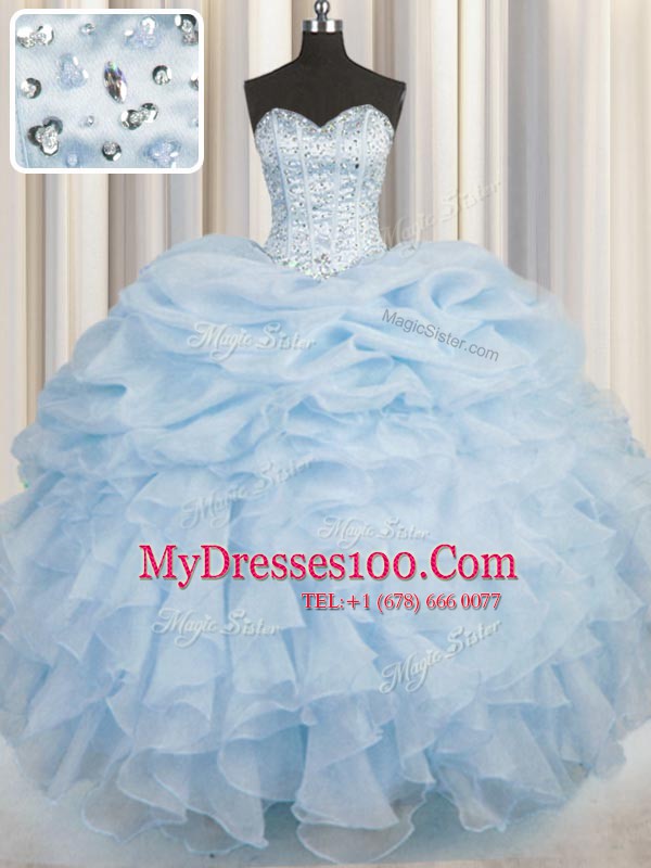 Cute Light Blue Organza Lace Up Sweetheart Sleeveless Floor Length 15th Birthday Dress Beading and Ruffles