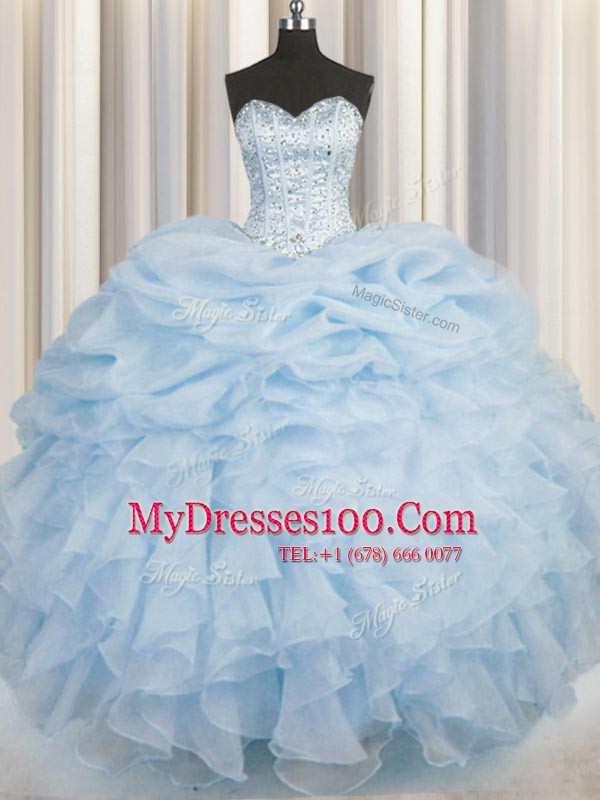 Cute Light Blue Organza Lace Up Sweetheart Sleeveless Floor Length 15th Birthday Dress Beading and Ruffles