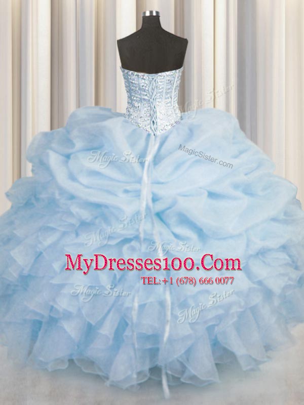 Cute Light Blue Organza Lace Up Sweetheart Sleeveless Floor Length 15th Birthday Dress Beading and Ruffles