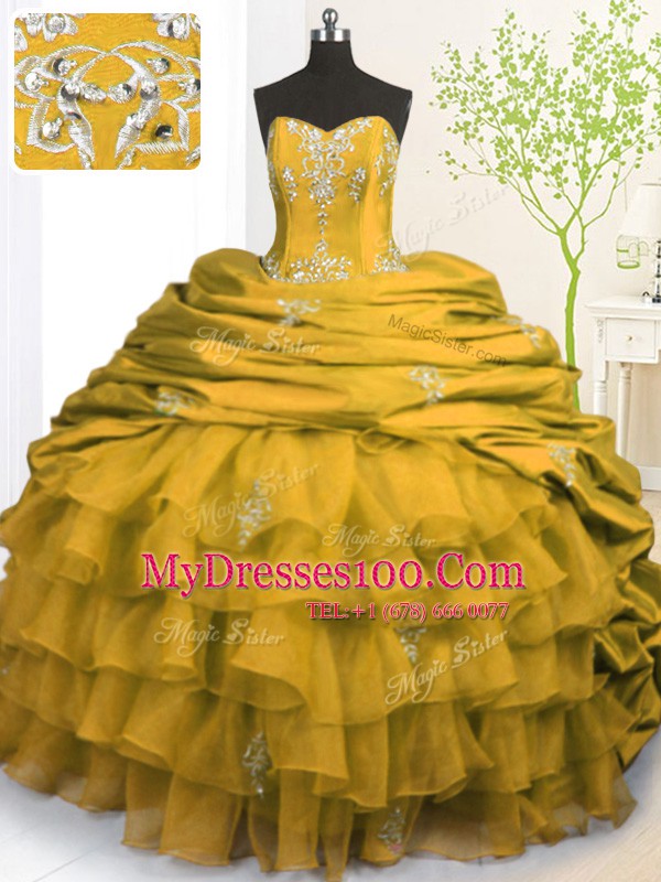 Fabulous Strapless Sleeveless Organza and Taffeta Quinceanera Gown Beading and Appliques and Ruffled Layers and Pick Ups Brush Train Lace Up