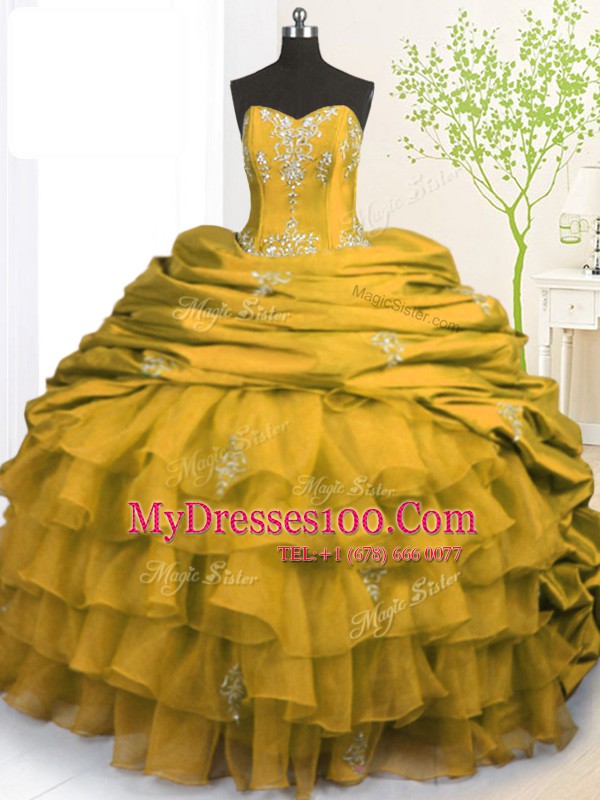 Fabulous Strapless Sleeveless Organza and Taffeta Quinceanera Gown Beading and Appliques and Ruffled Layers and Pick Ups Brush Train Lace Up