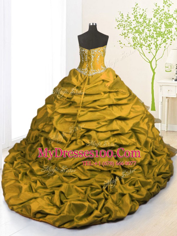 Fabulous Strapless Sleeveless Organza and Taffeta Quinceanera Gown Beading and Appliques and Ruffled Layers and Pick Ups Brush Train Lace Up