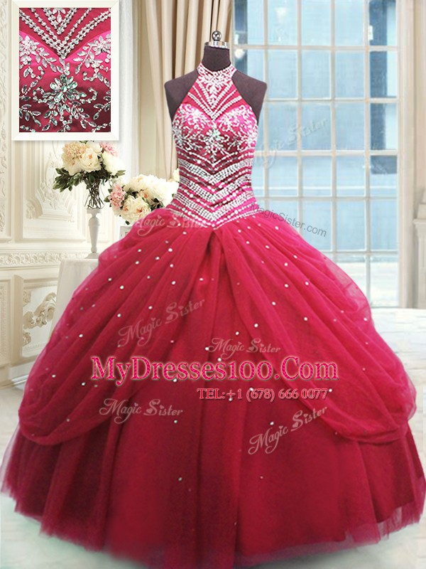 Ball Gowns Quince Ball Gowns Red High-neck Tulle Sleeveless Floor Length Lace Up