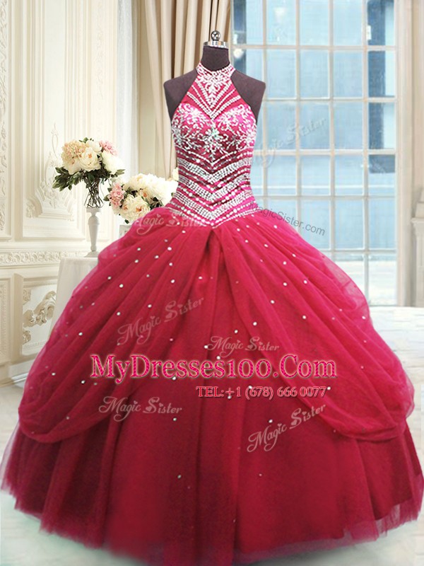 Ball Gowns Quince Ball Gowns Red High-neck Tulle Sleeveless Floor Length Lace Up