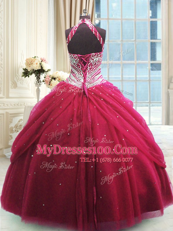 Ball Gowns Quince Ball Gowns Red High-neck Tulle Sleeveless Floor Length Lace Up