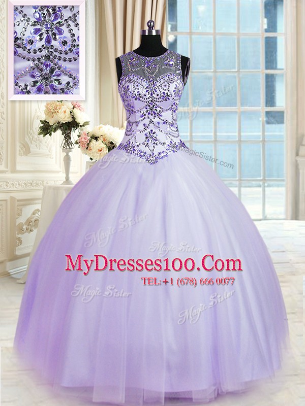 Lavender Ball Gowns Scoop Sleeveless Tulle Floor Length Lace Up Beading Sweet 16 Dress