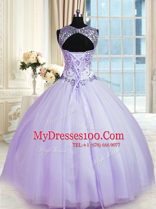 Lavender Ball Gowns Scoop Sleeveless Tulle Floor Length Lace Up Beading Sweet 16 Dress