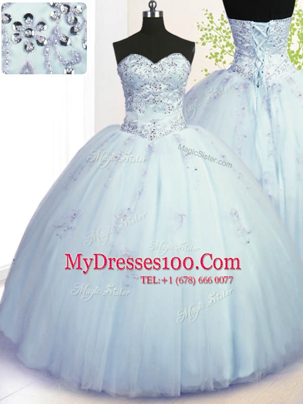 Light Blue Ball Gowns Sweetheart Sleeveless Tulle Floor Length Lace Up Beading and Appliques Quinceanera Dresses