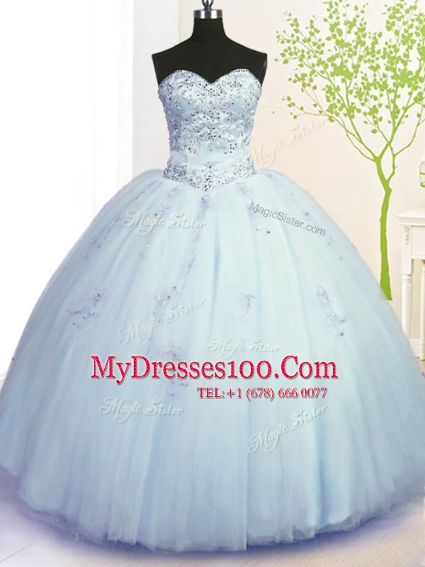 Light Blue Ball Gowns Sweetheart Sleeveless Tulle Floor Length Lace Up Beading and Appliques Quinceanera Dresses