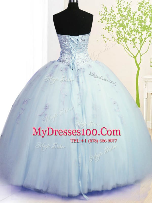 Light Blue Ball Gowns Sweetheart Sleeveless Tulle Floor Length Lace Up Beading and Appliques Quinceanera Dresses