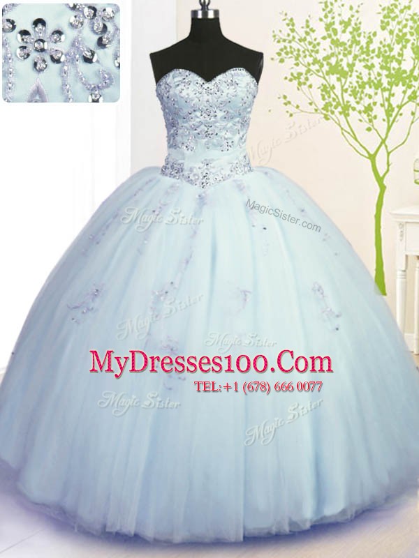 Light Blue Ball Gowns Sweetheart Sleeveless Tulle Floor Length Lace Up Beading and Appliques Quinceanera Dresses