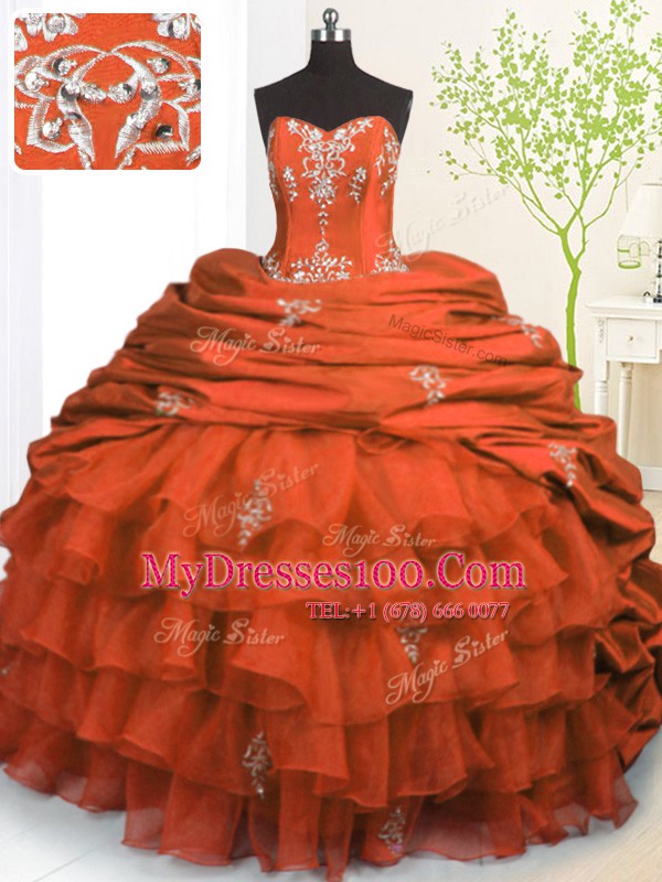Fantastic Pick Ups Ruffled With Train Orange Red Ball Gown Prom Dress Strapless Sleeveless Brush Train Lace Up