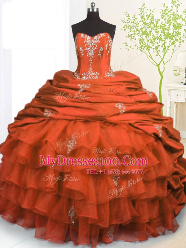 Fantastic Pick Ups Ruffled With Train Orange Red Ball Gown Prom Dress Strapless Sleeveless Brush Train Lace Up