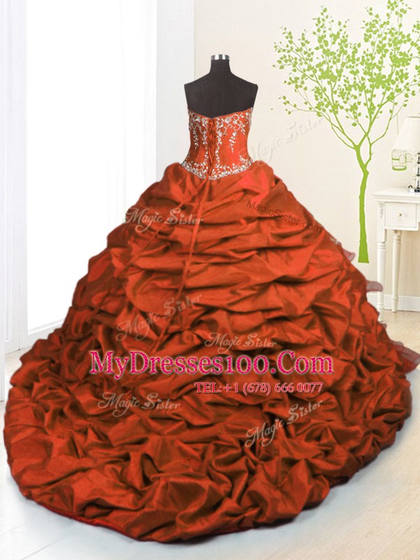 Fantastic Pick Ups Ruffled With Train Orange Red Ball Gown Prom Dress Strapless Sleeveless Brush Train Lace Up